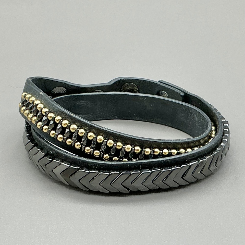 Stella & Dot Wrap Bracelet Women Black Studded Leather Chevron Edgy Glam